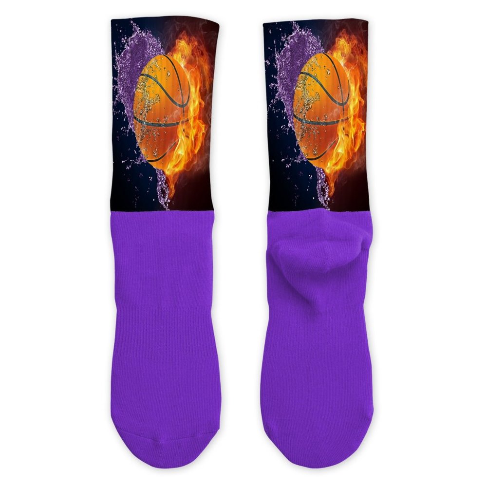 Men's Custom Purple Basketball Fire Water Handpressed Design Athletic Socks
